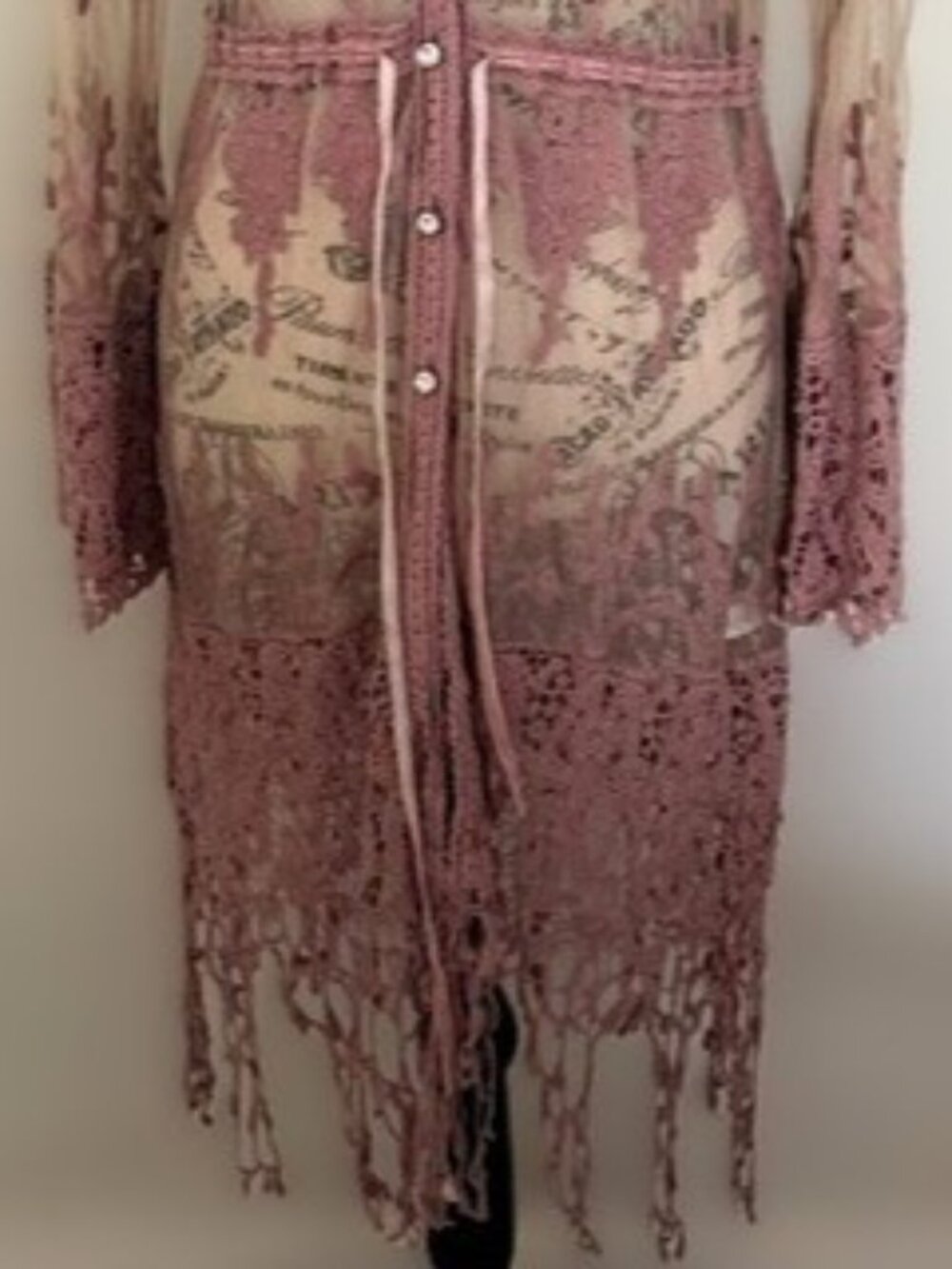 Given Kale Sheer Lace Duster Large Dusty Rose Crochet Fringe Boho